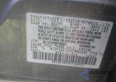 2015 Nissan Sentra Sv z USA, uszkodzony, nr VIN 3N1AB7AP9FY358931